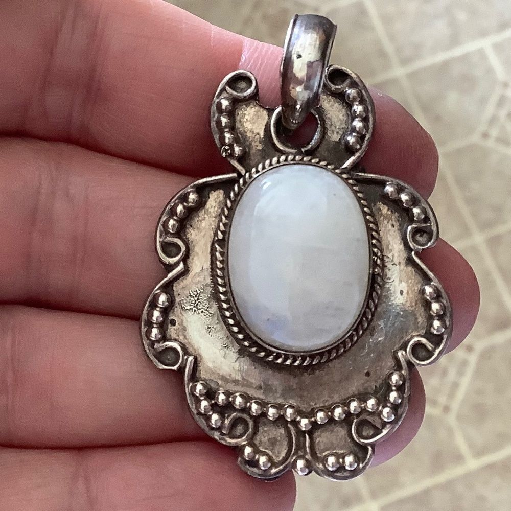 STERLING SILVER 925 VINTAGE OVAL MOON STONE LARGE PENDANT​